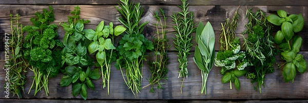 Fototapeta Aromatic Display: A Rustic Collection of Fresh Culinary and Medicinal Herbs on Wooden Background