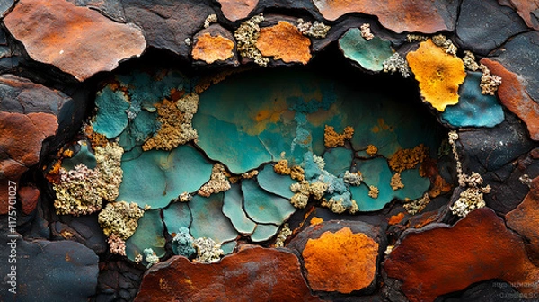 Obraz Colorful lichen patterns on a weathered rock surface.