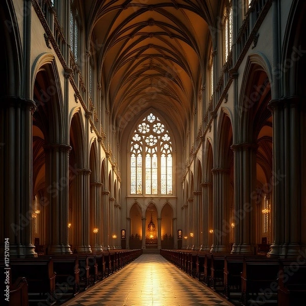 Obraz The image shows the interior of a grand cathedral with a vaulted ceiling, stained glass windows, and rows of pews leading towards the altar, bathed in warm light.