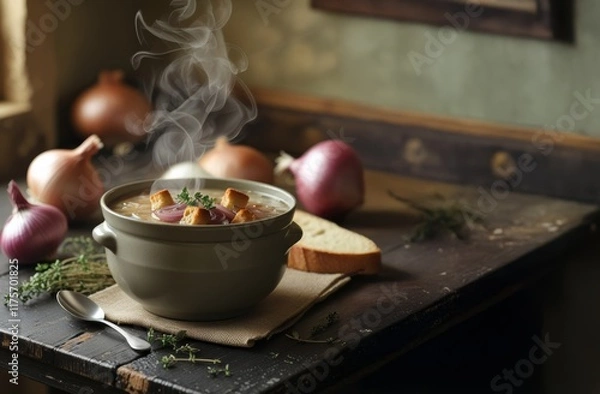 Fototapeta Close up view of a steaming bowl of freshly made French onion soup and its fresh ingredients next to it, on a rustic wooden table. Shallow depth of field and copy space.