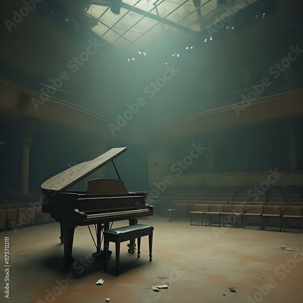 Obraz The image captures a grand piano with an open lid, positioned in a dimly lit auditorium with rows of empty chairs, casting long shadows and highlighting the piano's dark finish.
