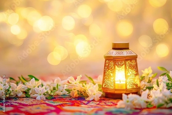 Fototapeta glowing lantern placed on colorful patterned carpet surrounded by jasmine flowers