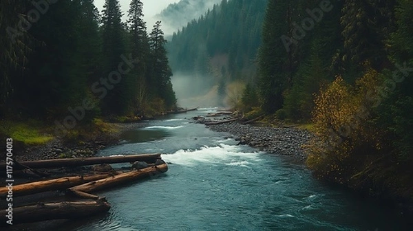 Fototapeta Calm River Meandering Through Forest with Rapids and Fallen Logs