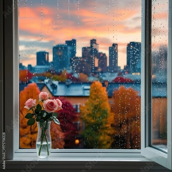 Obraz Raindrop from Window, City in the Winter, using generative ai