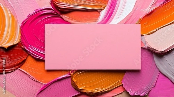 Fototapeta Abstract Pink and Orange Paint Swirl Background with Blank Pink Rectangle for Text or Logo