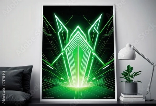 Fototapeta Bright green neon geometric art radiates energy in a modern living space, emphasizing technology and creativity in an artistic display
