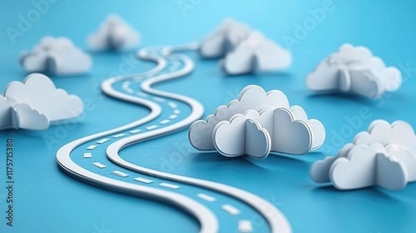 Obraz Navigating challenges with a roadmap and paper cutout clouds representing obstacles ahead