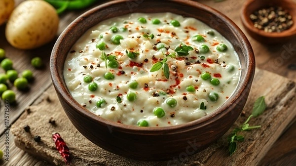 Fototapeta A rustic-style bowl of creamed peas and potatoes, isolated with scattered chili flakes and cracked pepper