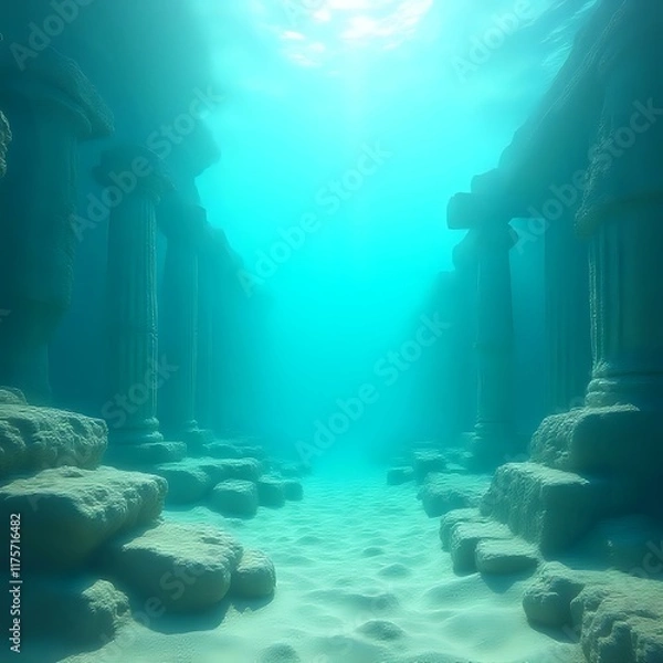Obraz The image depicts a serene underwater scene with submerged ruins composed of columns, sand, and rocks, creating a pathway for sunlight to shine through.