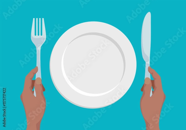 Fototapeta Hands holding fork and knife. Empty white plate. Vector cartoon flat illustration.