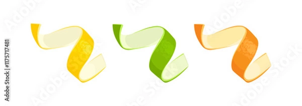Fototapeta Citrus zest set. Orange fruit, lemon and lime peel twist. Vector cartoon flat illustration.