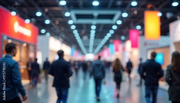 Fototapeta Busy expo hall with many people walking. Business event with lots of people exploring booths. International trade show interior. Modern design. People move in hall. Large crowd. Showcase of products.