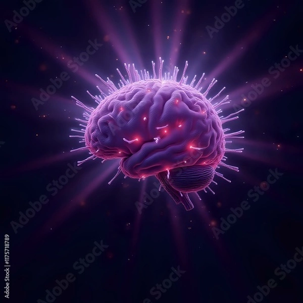 Obraz A 3D rendered image depicting a brain with numerous spikes, set against a dark background with radiant purple and orange light emanating from the brain.