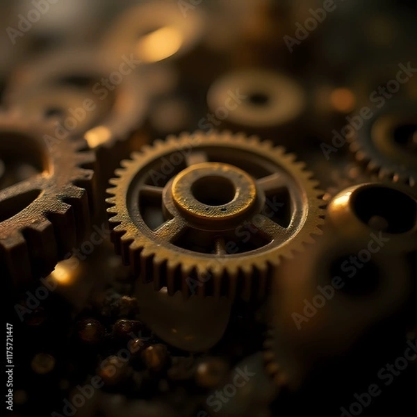 Obraz A close-up image of a collection of gears with a dark background, highlighting the intricate details and textures of the mechanical components.