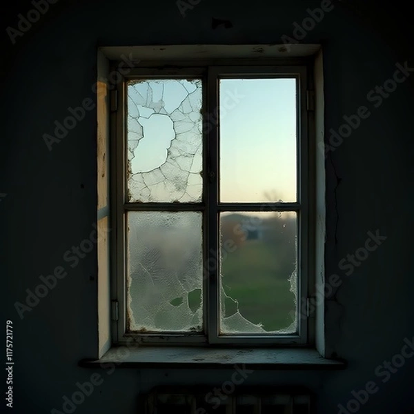 Obraz The image depicts a dilapidated window with a cracked pane on the left and a slightly obscured pane on the right, set against a dark background.