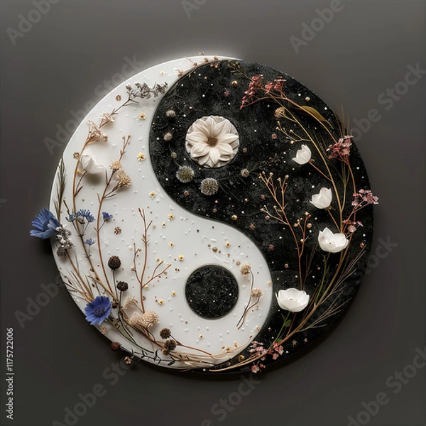 Obraz Zen Balance: Yin-Yang with Dried Flowers and Pebbles