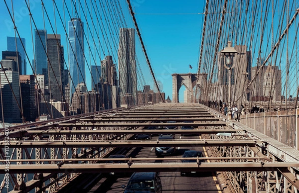 Obraz Brooklyn Bridge widok na ulice i auta jadące na moście