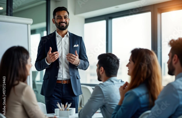 Fototapeta Indian businessman leads professional development session for team members in office. Group listens attentively to presentation. Business meeting workshop setting. Modern office space. Business