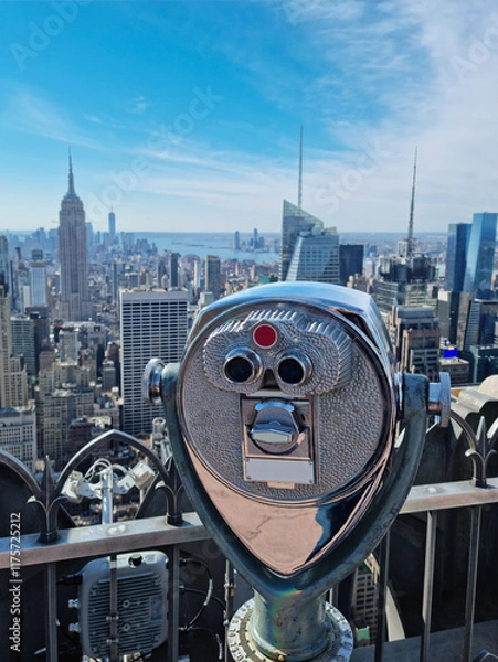 Obraz widok na Manhattan z teleskopem ustawionym na tarasie