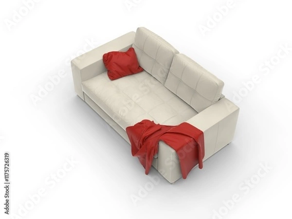 Obraz Simple two seater sofa, armchair, bed with red pillow and bed throw - isolated on white background - top down isometric view