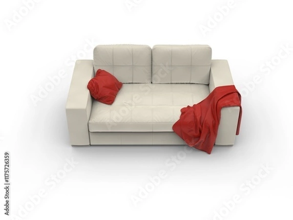 Obraz Simple two seater sofa, armchair, bed with red pillow and bed throw - isolated on white background - top down view