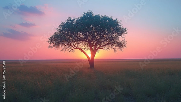 Fototapeta fields of pink sunset in the center of the tree