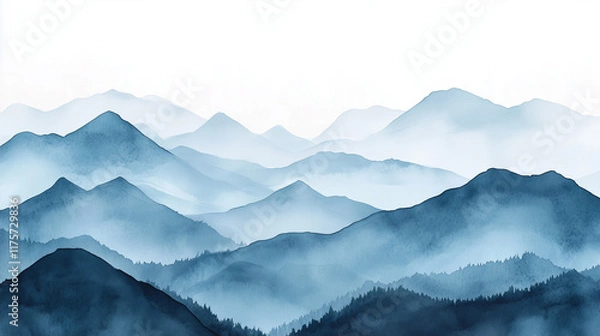 Fototapeta A silhouette of watercolor mountains in bright blue hues, with a gradient from dark to pale, hand-drawn on textured paper, perfect as a decorative page element.
