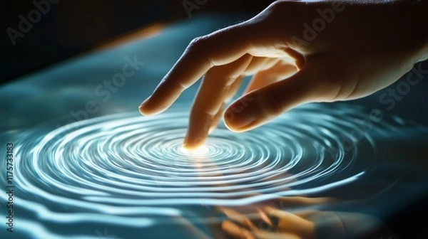 Obraz A hand is touching the surface of a touch screen, with ripples visible on its surface.