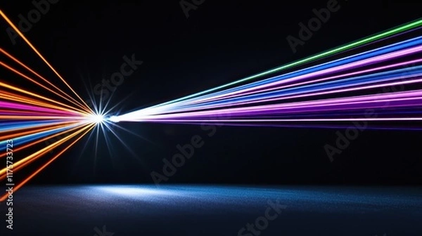 Fototapeta Colorful light beams radiating from a central source in darkness.