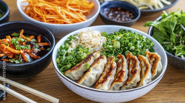 Fototapeta Delicious gyoza served with fresh vegetables, noodles, and sauces, creating vibrant meal. Enjoy flavors and textures of this Asian cuisine