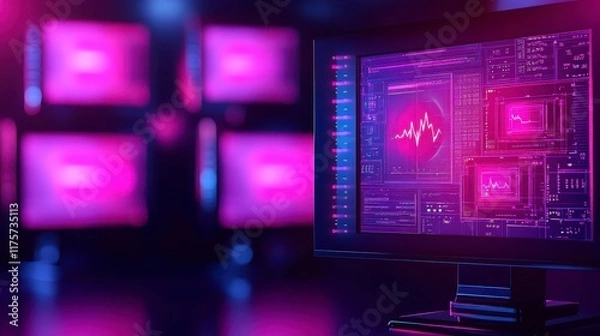 Obraz Futuristic Neon Pink Data Monitoring System on Computer Screen