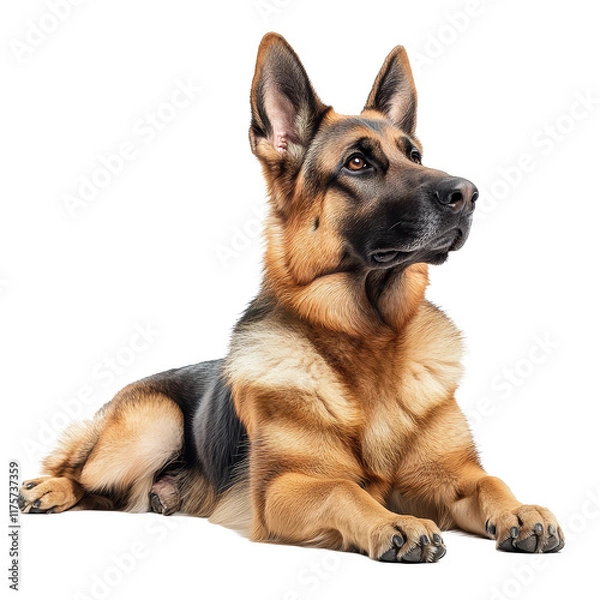 Fototapeta Captivating German Shepherd dog resting with elegance on a transparent background under bright lighting, Captivating German Shepherd Dog Isolated on a transparent background