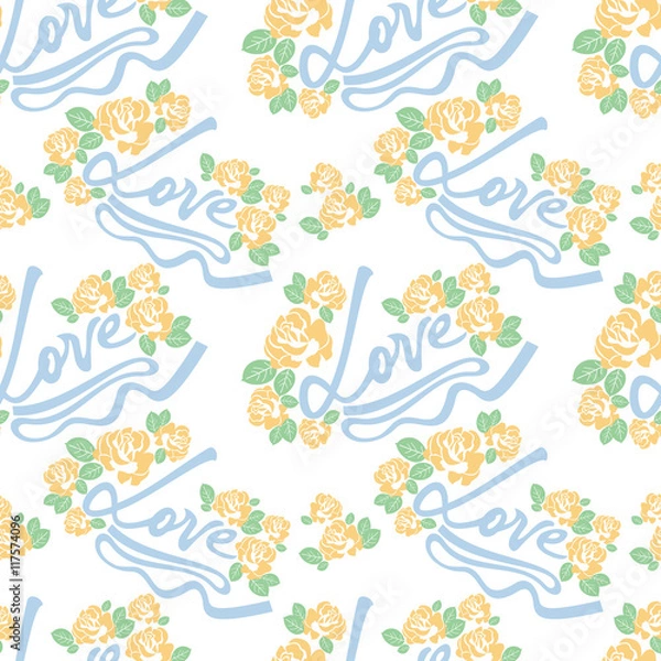 Fototapeta Seamless pattern with single word "love" and roses silhouettes. Original custom hand lettering. Vector clip art.