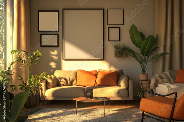 Fototapeta A large vertical poster frame and a gallery wall mock-up are displayed in a cozy living room interior.