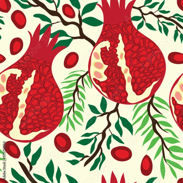 Fototapeta pomegranate with tree trunks with leaves and small seeds of pomegranate seeds seamless pattern. pomegranate with seeds and pieces with branches with leaves seamless vector pattern.