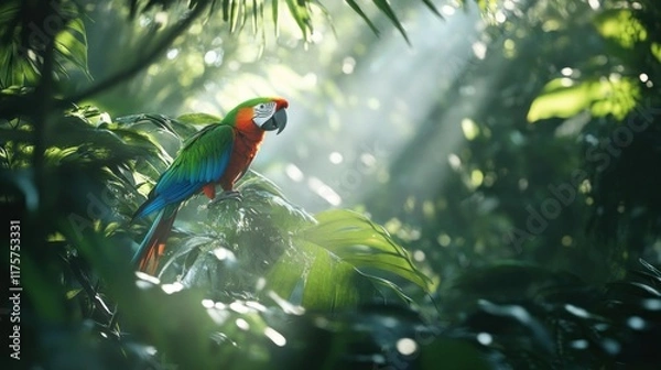 Fototapeta A tropical parrot in the middle of a lush forest, its feathers are green, blue and beautiful, background wallpaper AI generated image