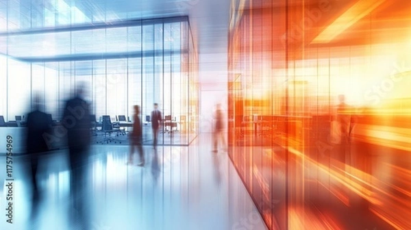 Fototapeta Abstract blurred business environment with blue and orange hues: dynamic white glass office interior with corporate professionals