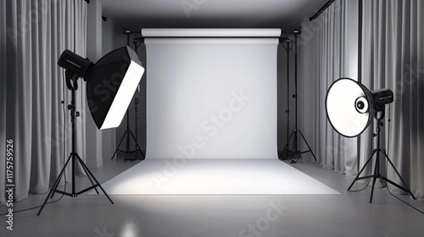 Fototapeta Professional Photography Studio Setup with Lighting Equipment and Backdrop for Photo Shoots