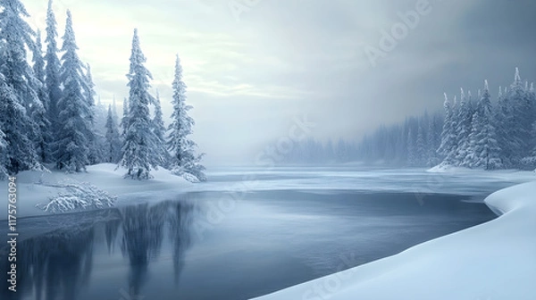 Obraz Serene Winter: A Frozen Lake Embraced by Snowy Trees, Nature's Silent Harmony
