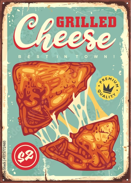 Obraz Grilled cheese retro restaurant menu sign. Food and drinks vintage poster with tasty cheese. Diner vector illustration.