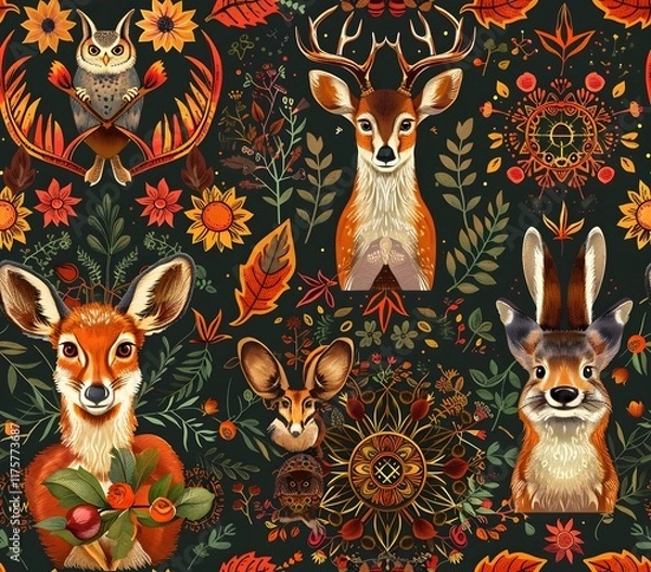 Obraz Majestic Autumn Forest Creatures in Intricate Mandala Pattern with Cinematic Renaissance Style Palette