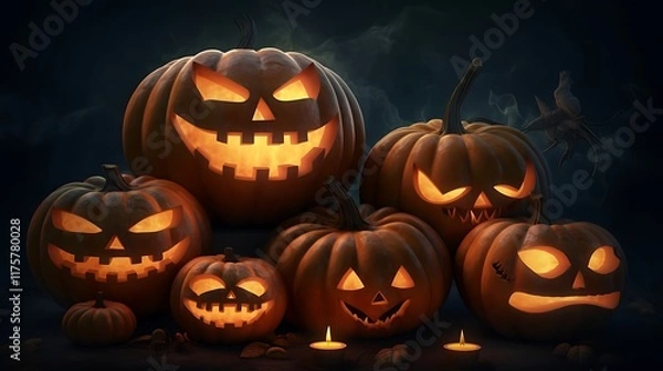 Fototapeta Illuminated Jackolanterns Glowing In Dark Halloween Night