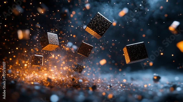 Fototapeta A digital cloud made of small cubes dissolving into a blurred background with fading white, gold, and silver tones, symbolizing the transition between technology and chaos, minimalistic and modern in 
