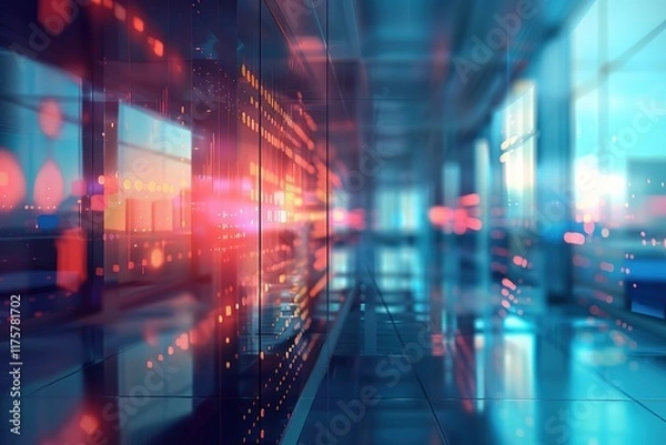 Obraz Abstract data center interior with glowing lights and modern design.