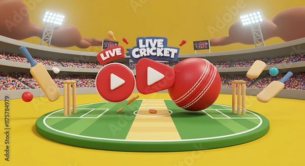 Obraz Live Cricket Match 3D Render: Stadium, Ball, Bats