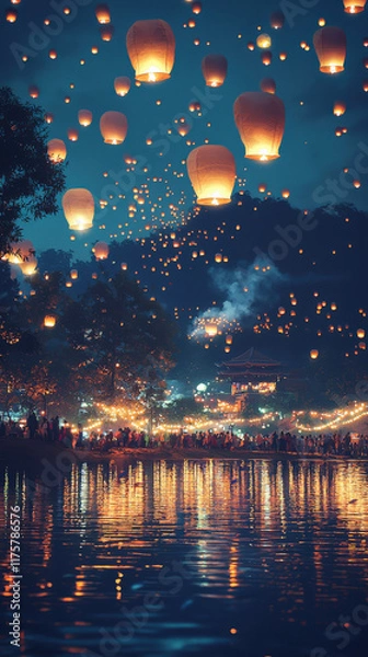 Fototapeta Chinesenewyear lantern festival celebration riverside nighttime event vibrant atmosphere aesthetic viewpoint