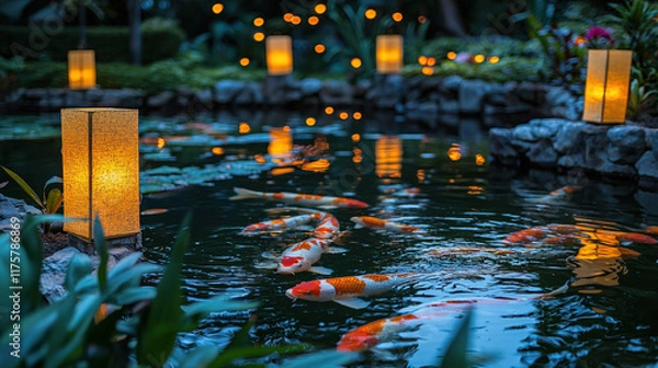 Fototapeta Floating lanterns illuminate koi fish pond in celebration of chinese new year tranquil night scene with cultural essence