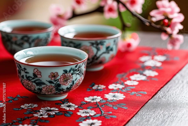 Obraz Celebrating chinese new year with traditional tea elegant setting red tablecloth serene atmosphere cultural heritage