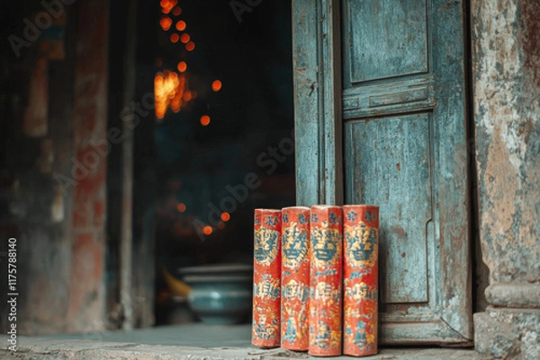 Obraz Celebrating chinese new year with firecrackers at a traditional door cultural festivity residential setting close-up tradition