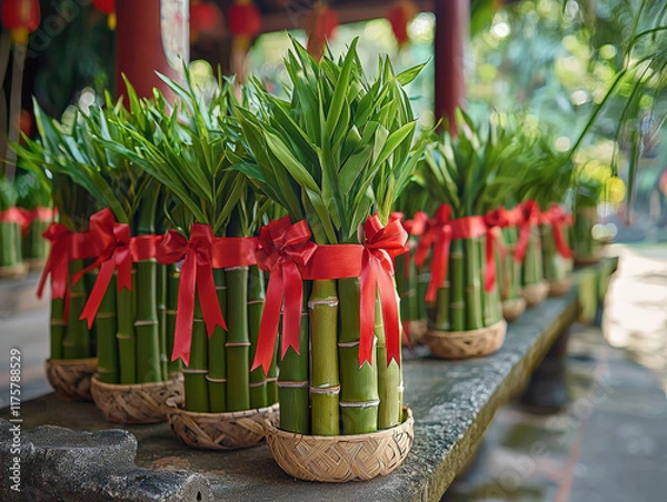 Obraz Celebrating chinese new year with bamboo plants adorned in red ribbons festive atmosphere outdoor setting vibrant culture